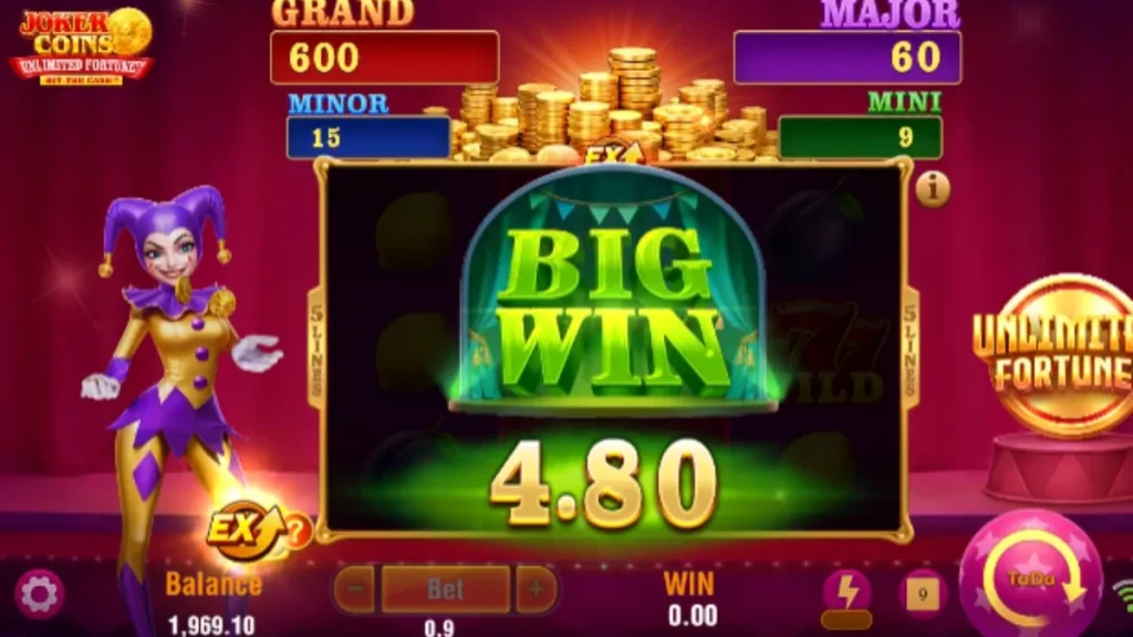 Joker Coins Unlimited Fortune slot machine interface featuring neon symbols and a mysterious joker character.